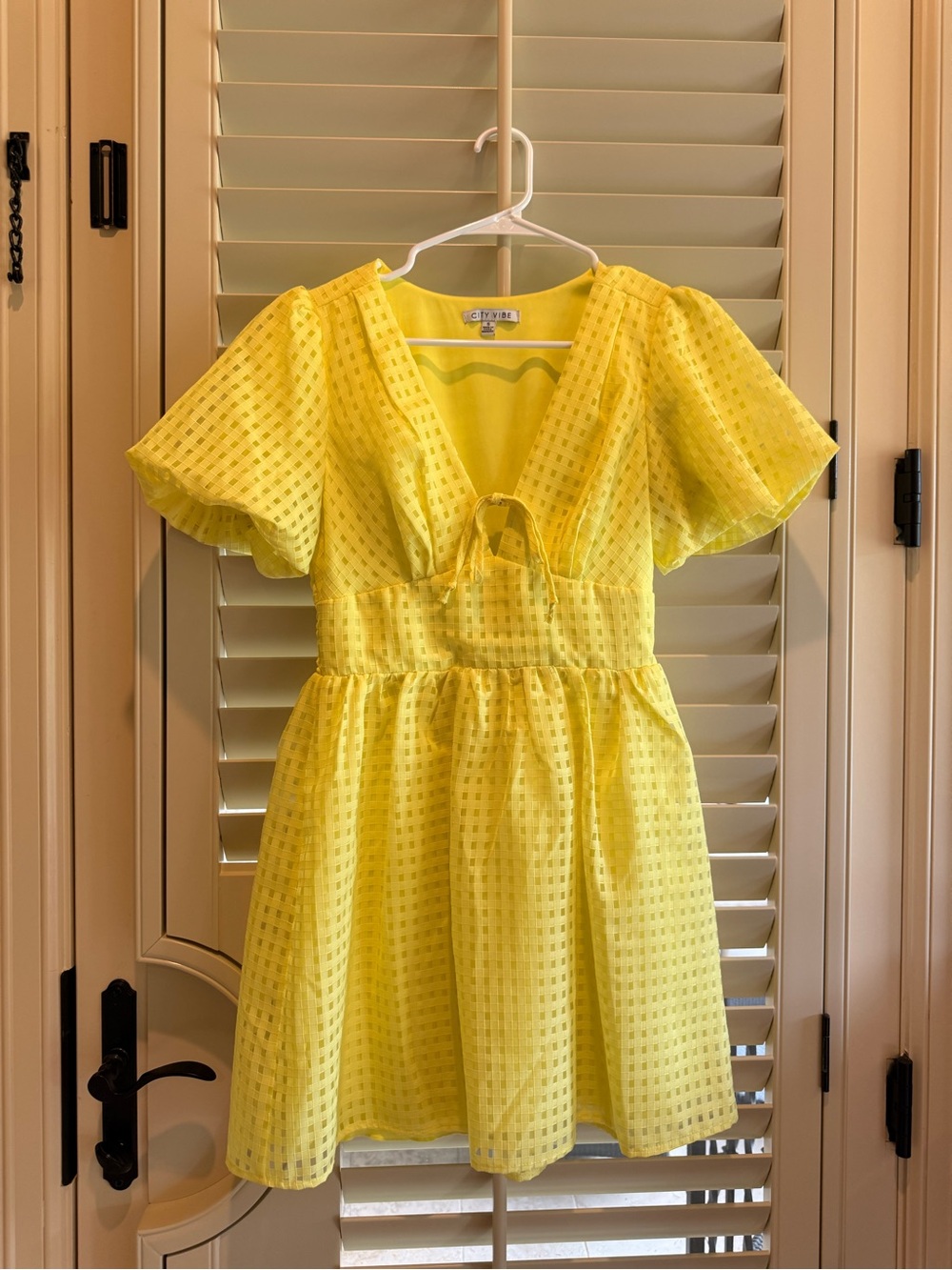 Yellow Eyelet Mini Dress with Tie-Front V-Neck